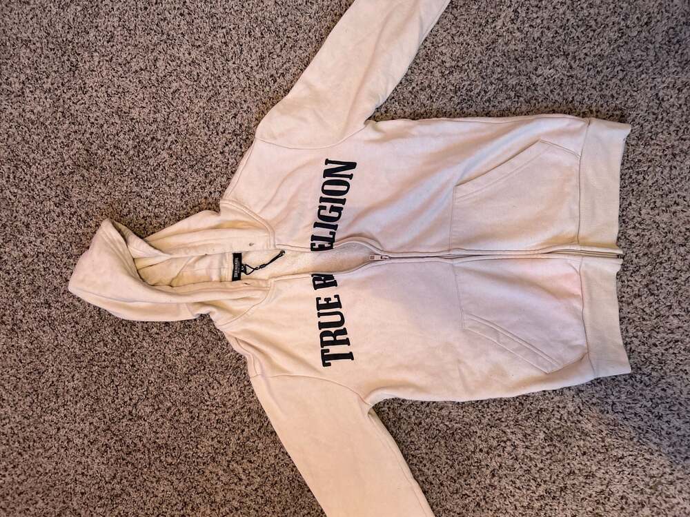 True Religion Buddha Logo Zip Up Hoodie Winter White Size L